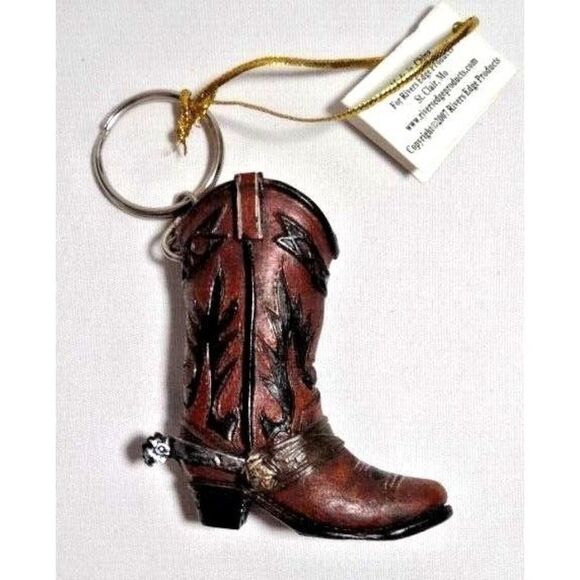 Cowboy Boot and Silver Spur Keychain Brown Black Ceramic with Chain 2.5-inch NWT - Picture 1 of 3